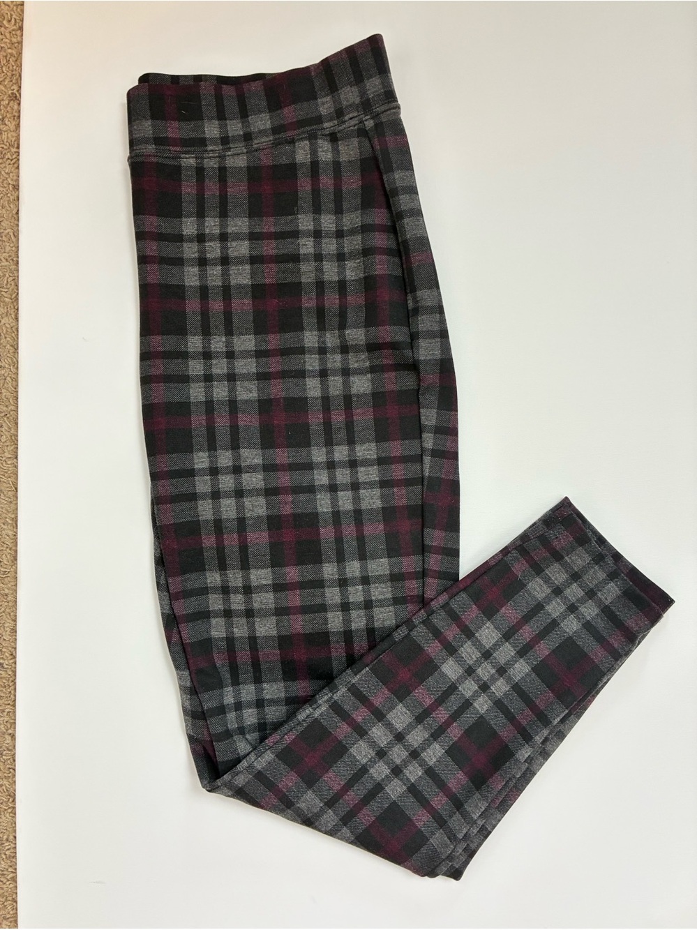 Plaid High waisted Stretch Double Knit Pants in Charcoal & Burgundy